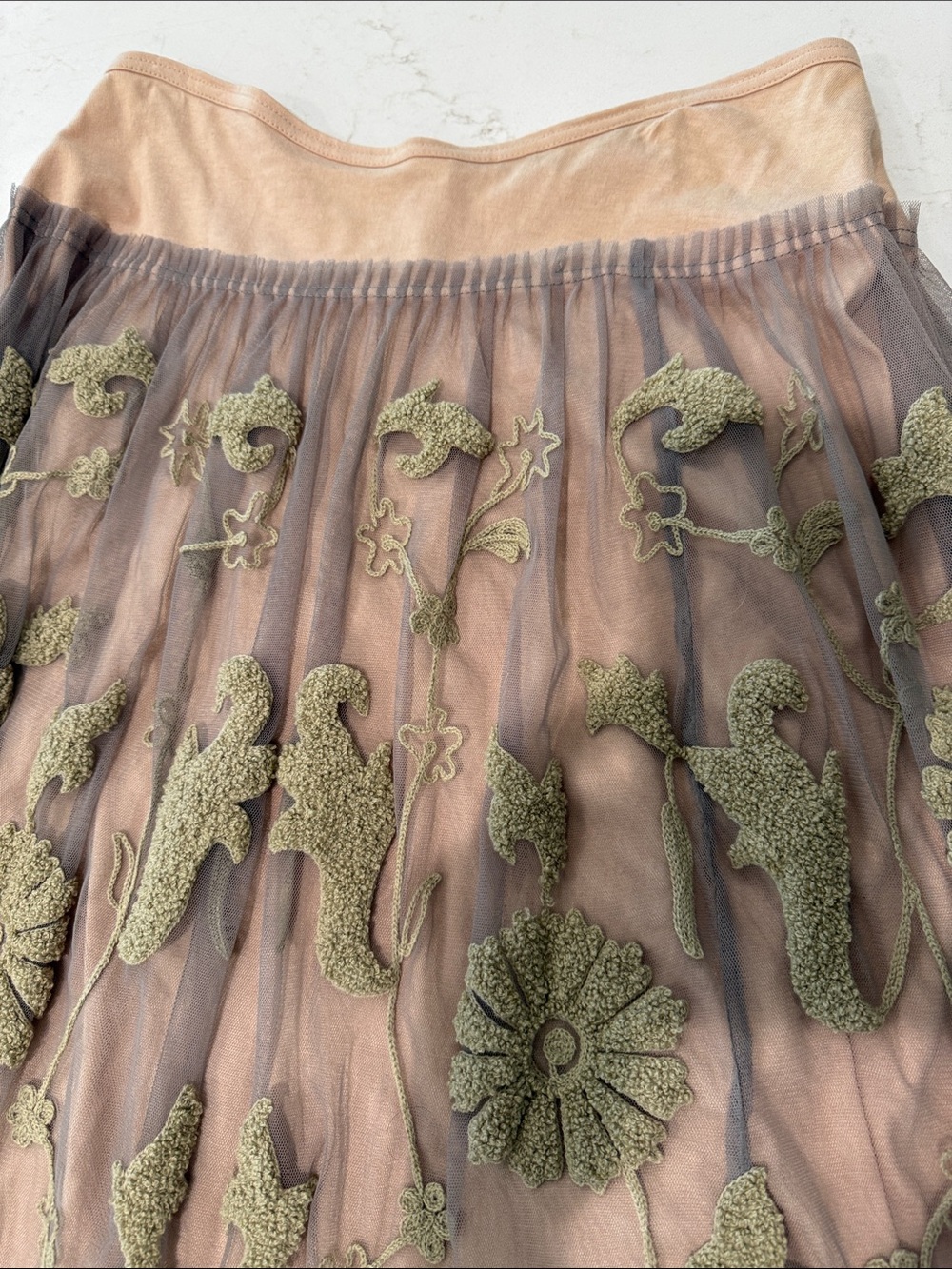 Chan Luu Blush Peach Tulle Midi Skirt with Khaki/ stone Embroidery. - Picture 3 of 6